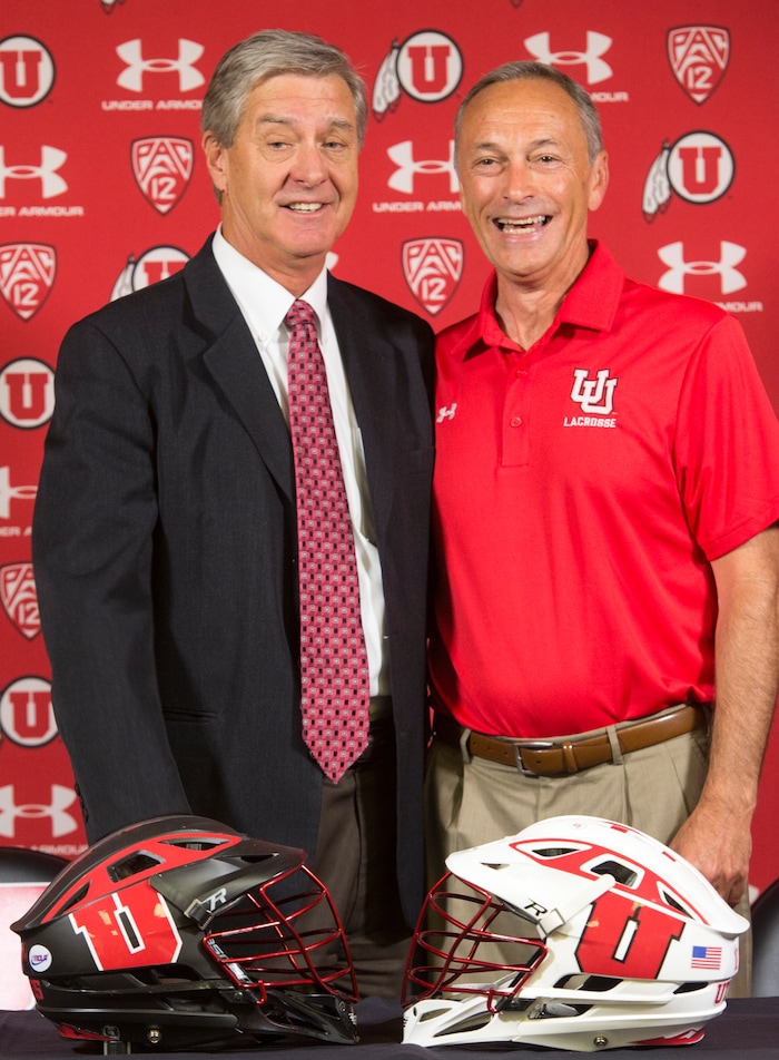 (Rick Egan  |  Tribune File Photo)  University of Utah Athletic Director, Chris Hill with Lacrosse coach Brian Holman, as the U of U announces that it will add men's lacrosse as a division 1 sport in a news conference at the Spence and Cleone Eccles Football Center, Friday, June 16, 2017.
