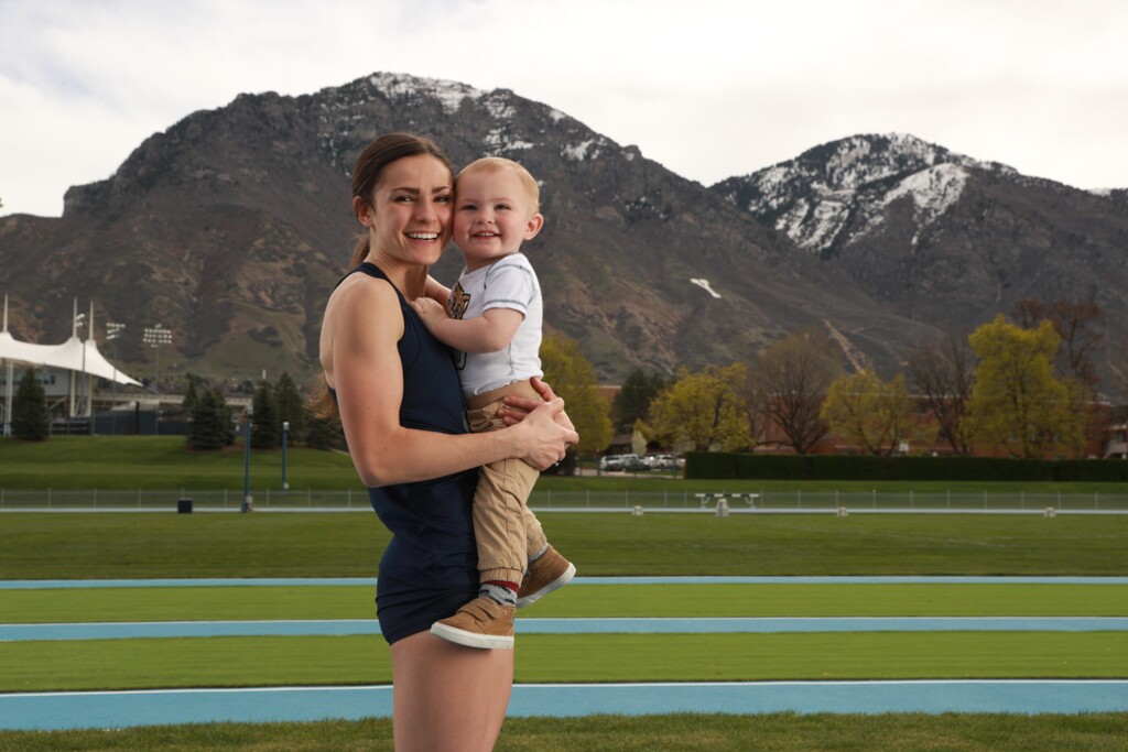 BYU track star Erica Birk-Jarvis holds her 16-month-old son, Jack, after competing in a track meet on April 20, 2019 in Provo, Utah. Birk-Jarvis has continued her athletic career despite being a mother the past year. | Photo courtesy of Gabriel Mayberry, BYU photo