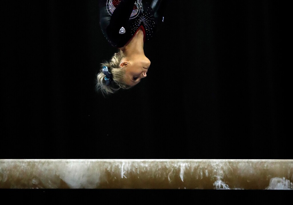 Utah's MyKayla Skinner competes on the balance beam during the NCAA college women's gymnastics championships Friday, April 20, 2018, in St. Louis. (AP Photo/Jeff Roberson)