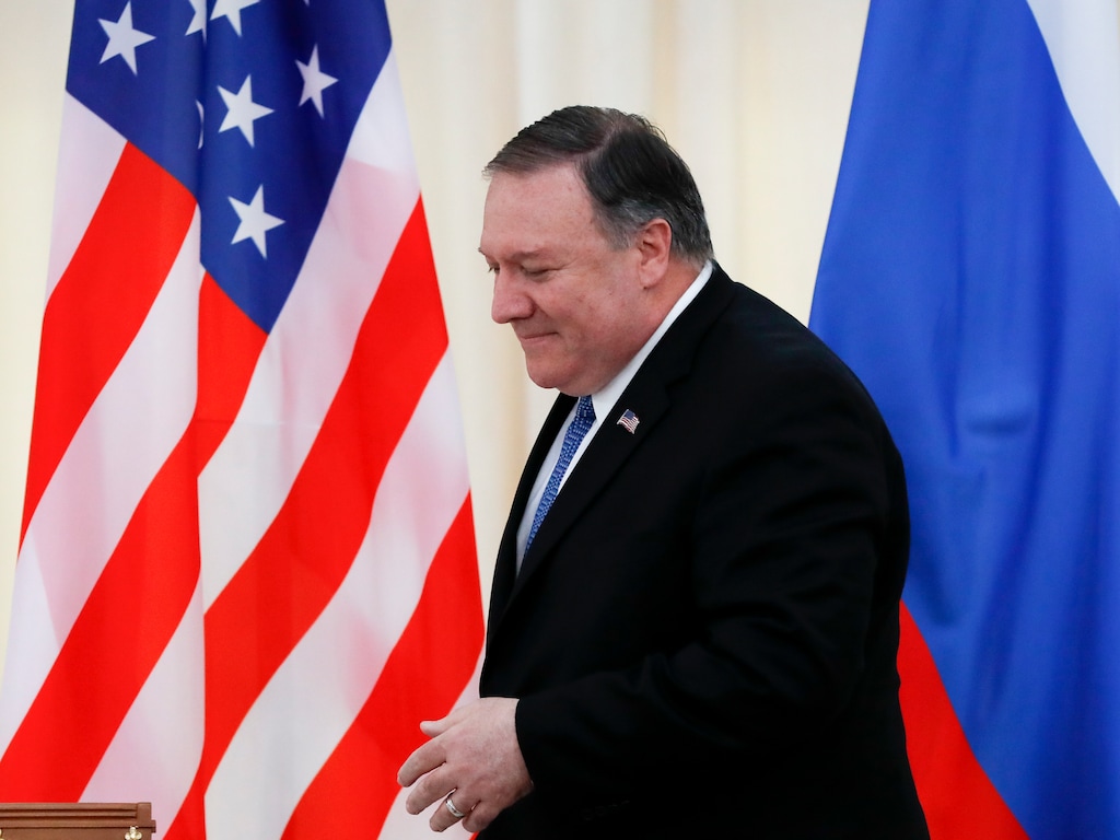 (Pavel Golovkin | AP) U.S. Secretary of State Mike Pompeo enters a hall for his and Russian Foreign Minister Sergey Lavrov joint news conference after their talks in the Black Sea resort city of Sochi, southern Russia, on Tuesday, May 14, 2019. Pompeo's first trip to Russia starts Tuesday in Sochi, where he and Russian Foreign Minister Sergey Lavrov are sitting down for talks and then having a joint meeting with President Vladimir Putin.