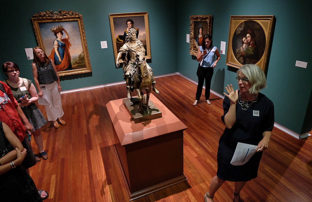 (Francisco Kjolseth  |  The Salt Lake Tribune)  Gretchen Dietrich, right, executive director of the Utah Museum of Fine Arts, gives a media tour Friday, Aug. 25. The museum, after 19 months of being closed for building renovations and a "reimagining" of the gallery spaces, re-opens this weekend with a two-day celebration.