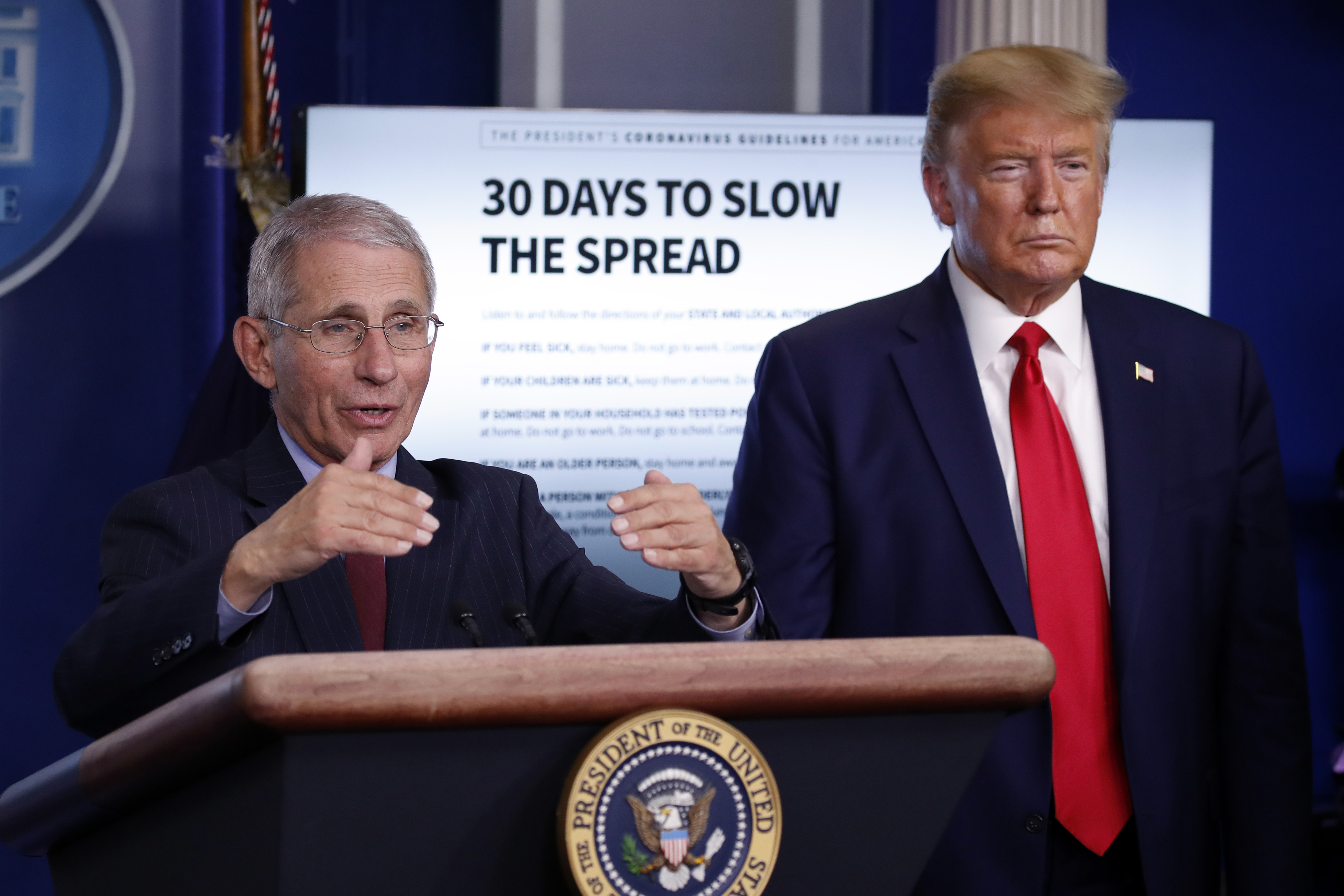 President Donald Trump listens as Dr. Anthony Fauci, director of the National Institute of Allergy and Infectious Diseases, speaks about the coronavirus in the James Brady Press Briefing Room of the White House, Tuesday, March 31, 2020, in Washington. (AP Photo/Alex Brandon)