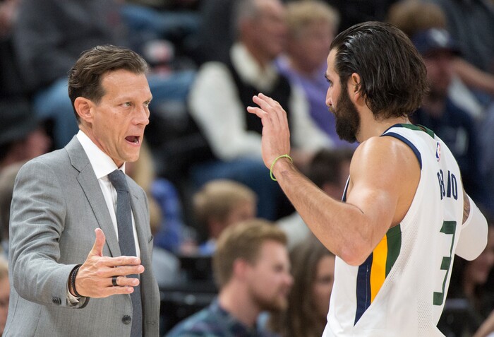(Rick Egan  |  The Salt Lake Tribune)  Utah Jazz head coach Quin Snyder talks to Utah Jazz guard Ricky Rubio (3) during a break in the action, in NBA action, Utah Jazz vs. Brooklyn Nets, in Salt Lake City, Saturday, November 11, 2017.