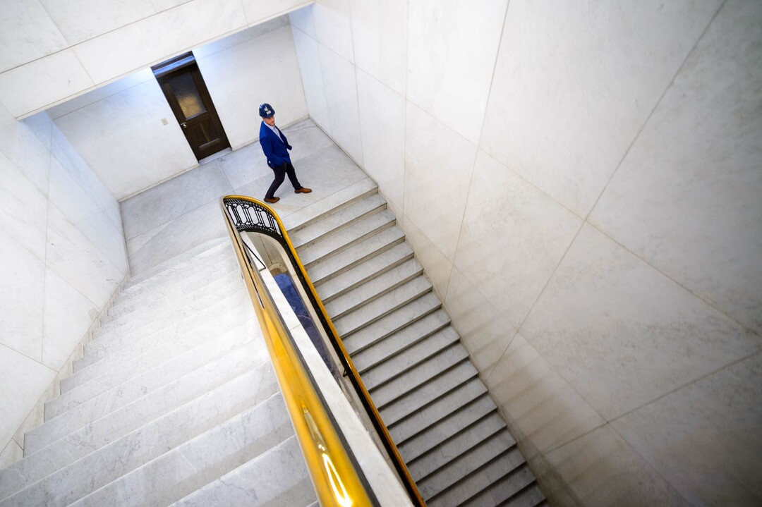 (Trent Nelson  |  The Salt Lake Tribune) 
Dusty Harris in the Kearns Building in Salt Lake City on Wednesday, Nov. 20, 2019. Hines, the global real estate firm that owns the Kearns Building, has launched a $25 million renovation of the 108-year-old building at 136 South Main Street.