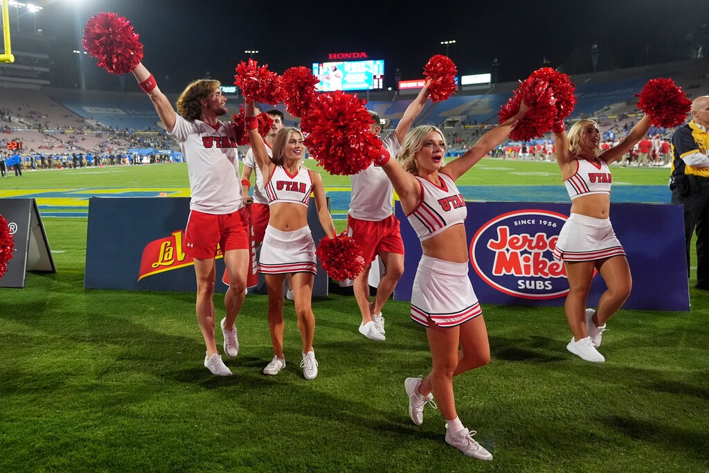 (Mark J. Terrill | AP) Utah cheerleaders perform during the second half of an NCAA college football game between UCLA and Utah, Saturday, Aug. 30, 2025, in Pasadena, Calif.