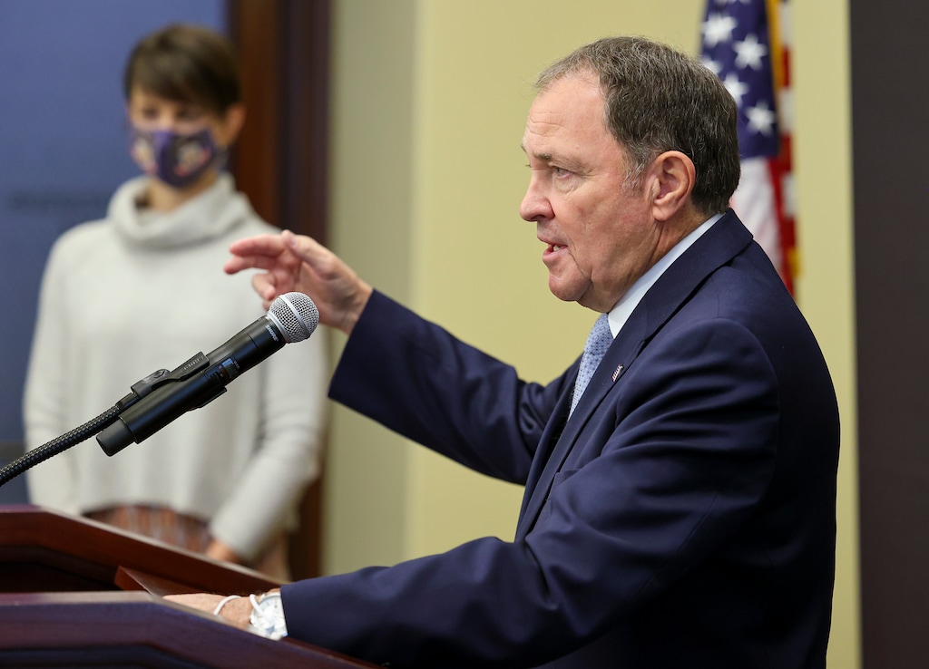 (Scott G Winterton | Deseret News, pool) Utah Gov. Gary Herbert speaks as he joins state epidemiologist Dr. Angela Dunn at a press conference at the Capitol in Salt Lake City, clarifying the state's mask mandate on Monday, Nov. 9, 2020.