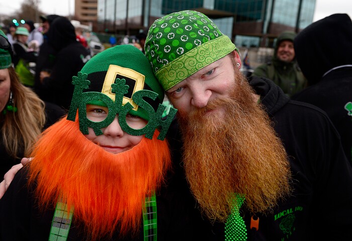 (Scott Sommerdorf | The Salt Lake Tribune) Kyle Klenk, left, and Trevor Jones show off their beards before the 40th annual Salt Lake City St. Patrick's Day Parade on Saturday, March 17, 2018.