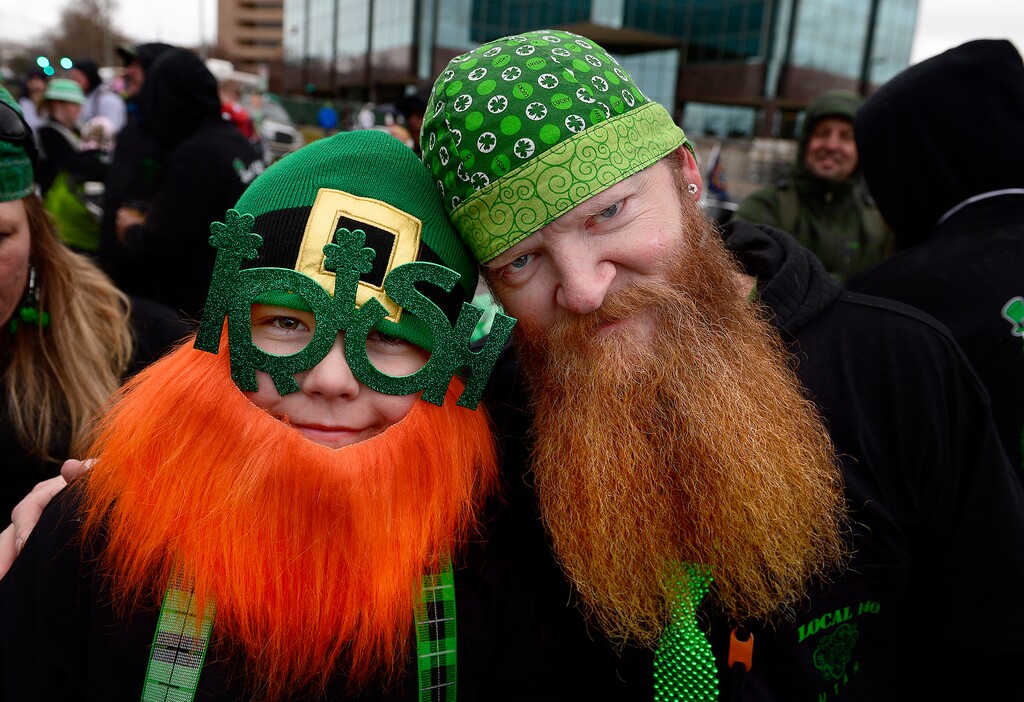 (Scott Sommerdorf | The Salt Lake Tribune) Kyle Klenk, left, and Trevor Jones show off their beards before the 40th annual Salt Lake City St. Patrick's Day Parade on Saturday, March 17, 2018.
