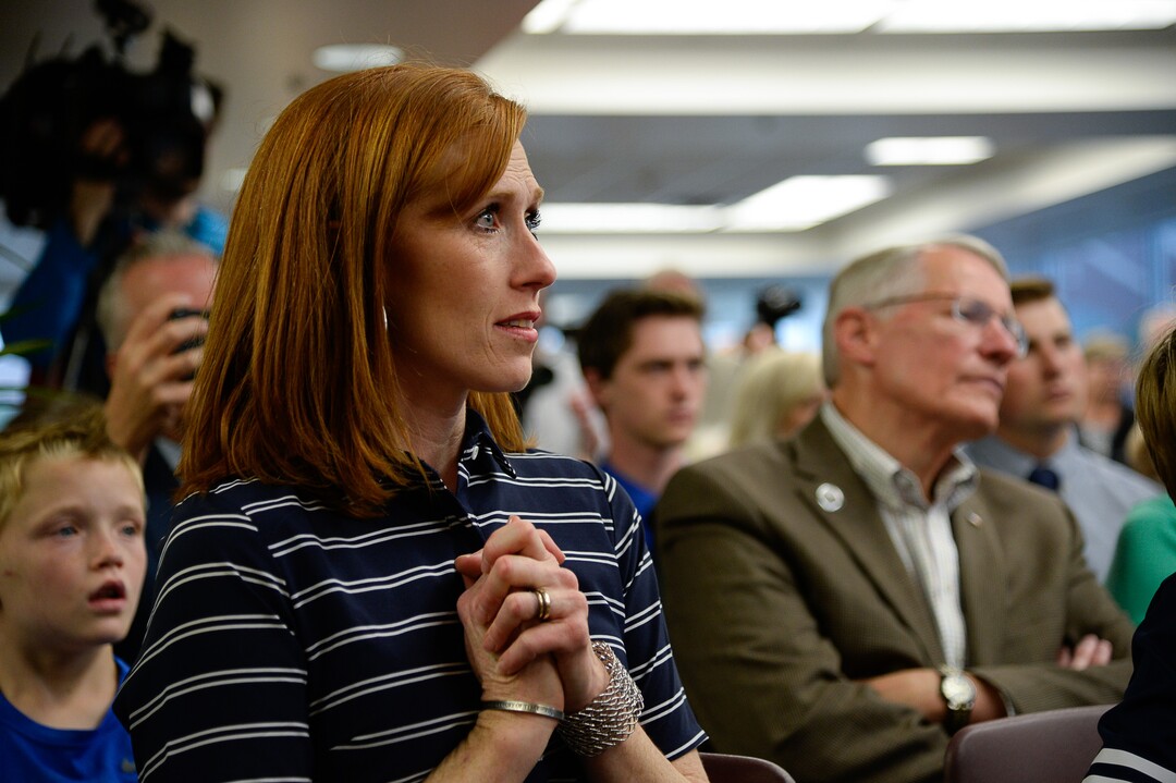 (Francisco Kjolseth  |  The Salt Lake Tribune)  Jennie Taylor listens to the vocal trio Gentri sing the National Anthem as Brigham Young University honors the life and legacy of her husband, Major Brent Taylor, former mayor of North Ogden and a BYU Army ROTC alumnus during a ceremony at the Ernest L. Wilkinson Student Center in Provo on Thursday, May 23, 2019. The BYU Army ROTC unveiled the updated Memorial Wall, a list of BYU students and alumni who have died in service which will now include Maj. Taylor's name.