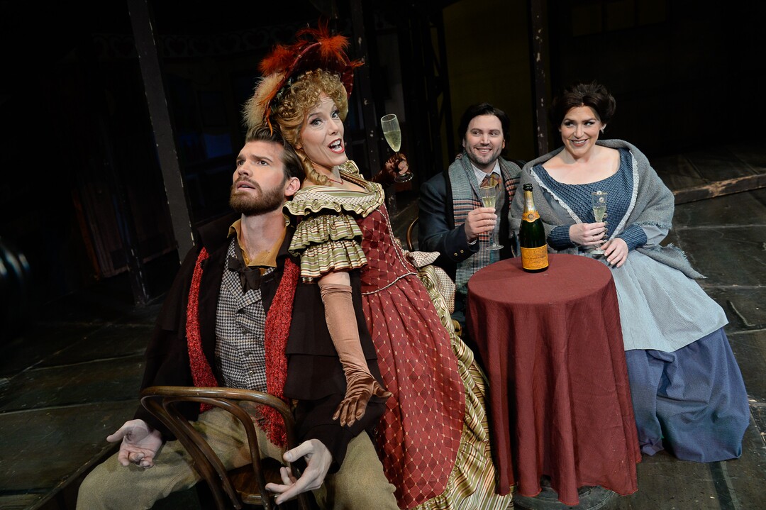 (Francisco Kjolseth  |  The Salt Lake Tribune)  Utah Opera's season opener, "La bohème," Puccini's popular tearjerker about starving artists in turn-of-the-century Paris, opens for five shows on Oct. 7, 2017. On set joking around with the staff during set photos were:  Michael Adams (Marcello), Celena Shafer (Musetta), Jennifer Black (Mimì), Scott Quinn (Rodolfo), from left.