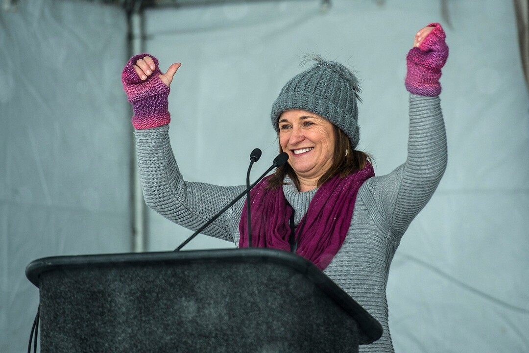 (Chris Detrick  |  The Salt Lake Tribune)  Utah senate candidate Jenny Wilson speaks during the Respect Rally Park City at City Park on Saturday, Jan. 20, 2018.