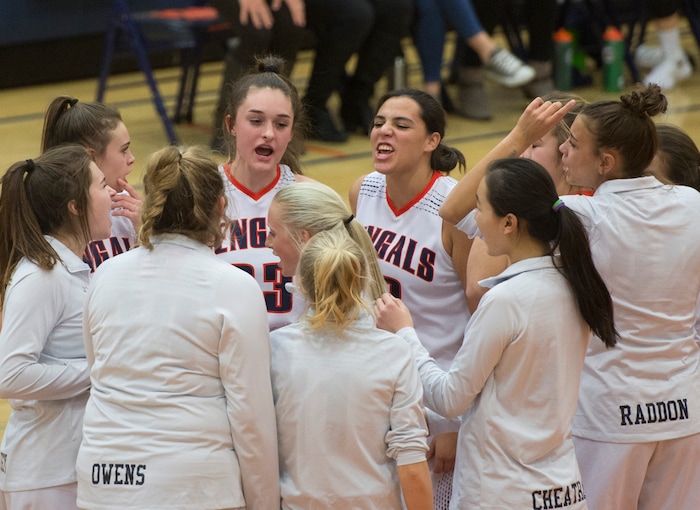 (Scott Sommerdorf   |  The Salt Lake Tribune)   Brighton players show their energy during introductions. Skyline defeated Brighton 66-33, Friday, January 5, 2018.