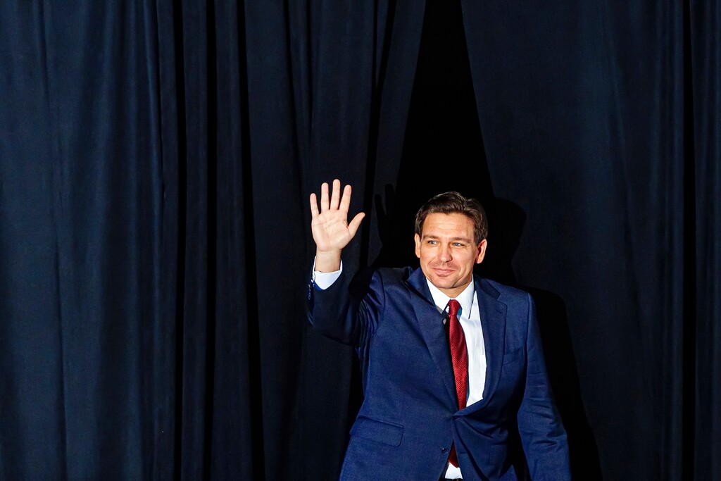(Scott McIntyre | The New York Times)

 Gov. Ron DeSantis speaks during an event in Doral, Fla., on March 1, 2023.