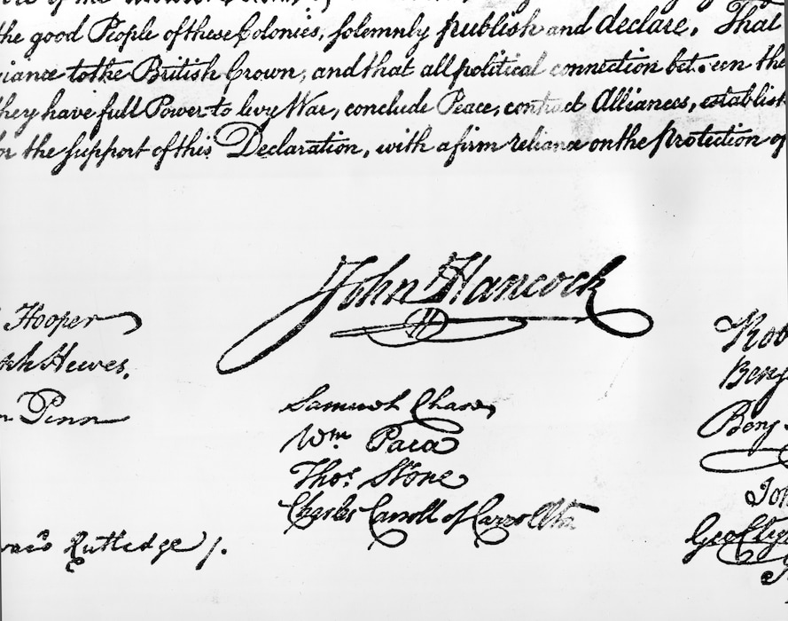 FILE - This undated file photo shows John Hancock's signature on the Declaration of Independence, which was formally signed by 56 members of Congress beginning Aug. 2, 1776. National Public Radio marked Independence Day on July 4th, 2017, by tweeting the entire declaration, but it seems some Twitter users didn’t recognize what they were reading. Some of the founders’ criticisms of King George III were met with angry responses from supporters of President Donald Trump, who seemed to believe the tweets were a reference to the current president. Others were under the impression NPR was trying to provoke Trump with the tweets. (AP Photo, File)