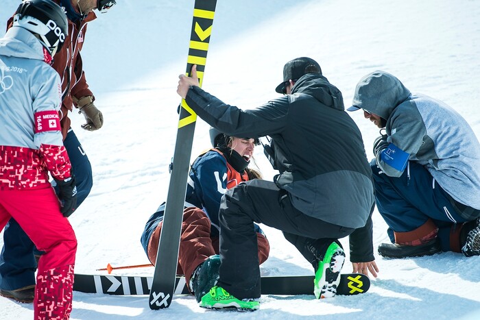 (Chris Detrick  |  The Salt Lake Tribune)  Maddie Bowman of the United States after crashing on her final run in the Ladies' Ski Halfpipe Final Run at Phoenix Park during the Pyeongchang 2018 Winter Olympics Tuesday, Feb. 20, 2018. Bowman, the gold medal winner in the 2014 Sochi Olympics, finished in 11th place with a score of 25.80.  