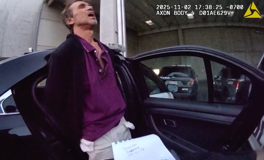 (Salt Lake City Police Department) Body-worn camera footage shows the arrest of musician Todd Snider in Salt Lake City on Sunday, Nov. 2, 2025.