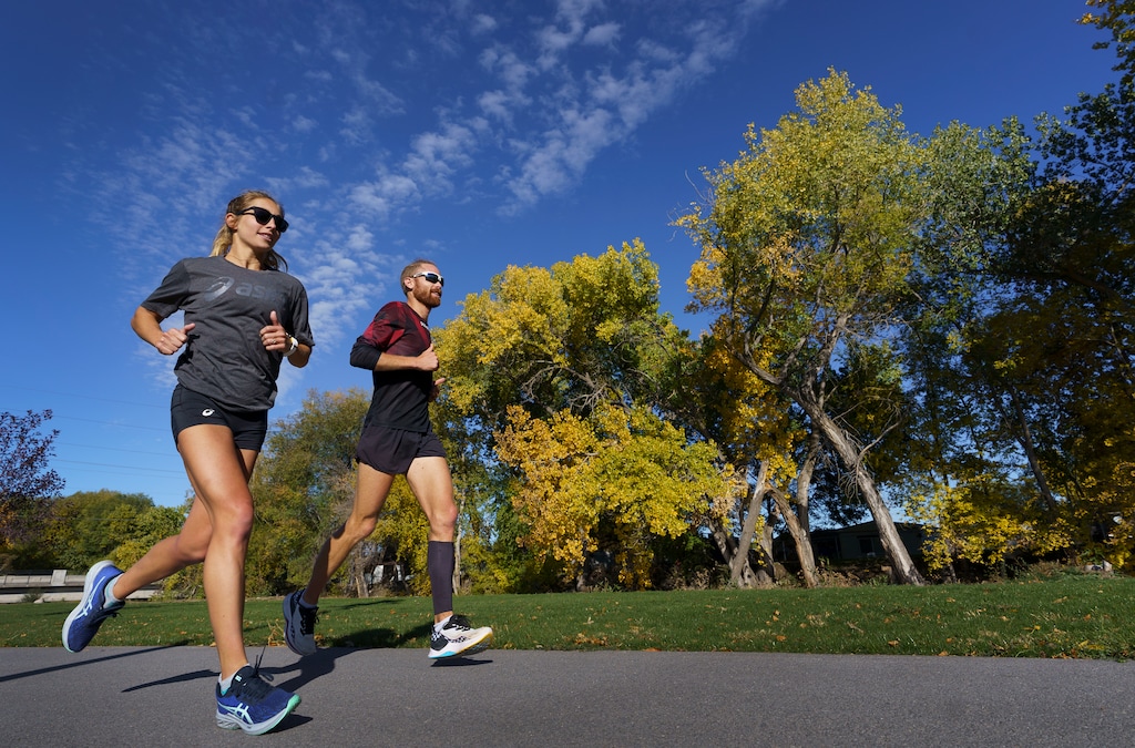 (Leah Hogsten | The Salt Lake Tribune) Runners Makenna Myler and Jared Ward train in Provo Oct. 21, 2021. The two elite runners are training for the NYC Marathon on Nov. 7.