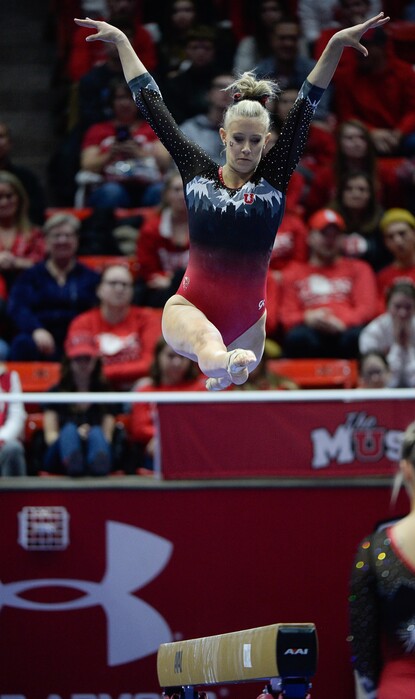 (Francisco Kjolseth  |  The Salt Lake Tribune)  Makenna Merrell-Giles performs on the balance beam as Utah hosts Penn State in their season opener at the Huntsman Center in Salt Lake City on Saturday, Jan. 5, 2019.