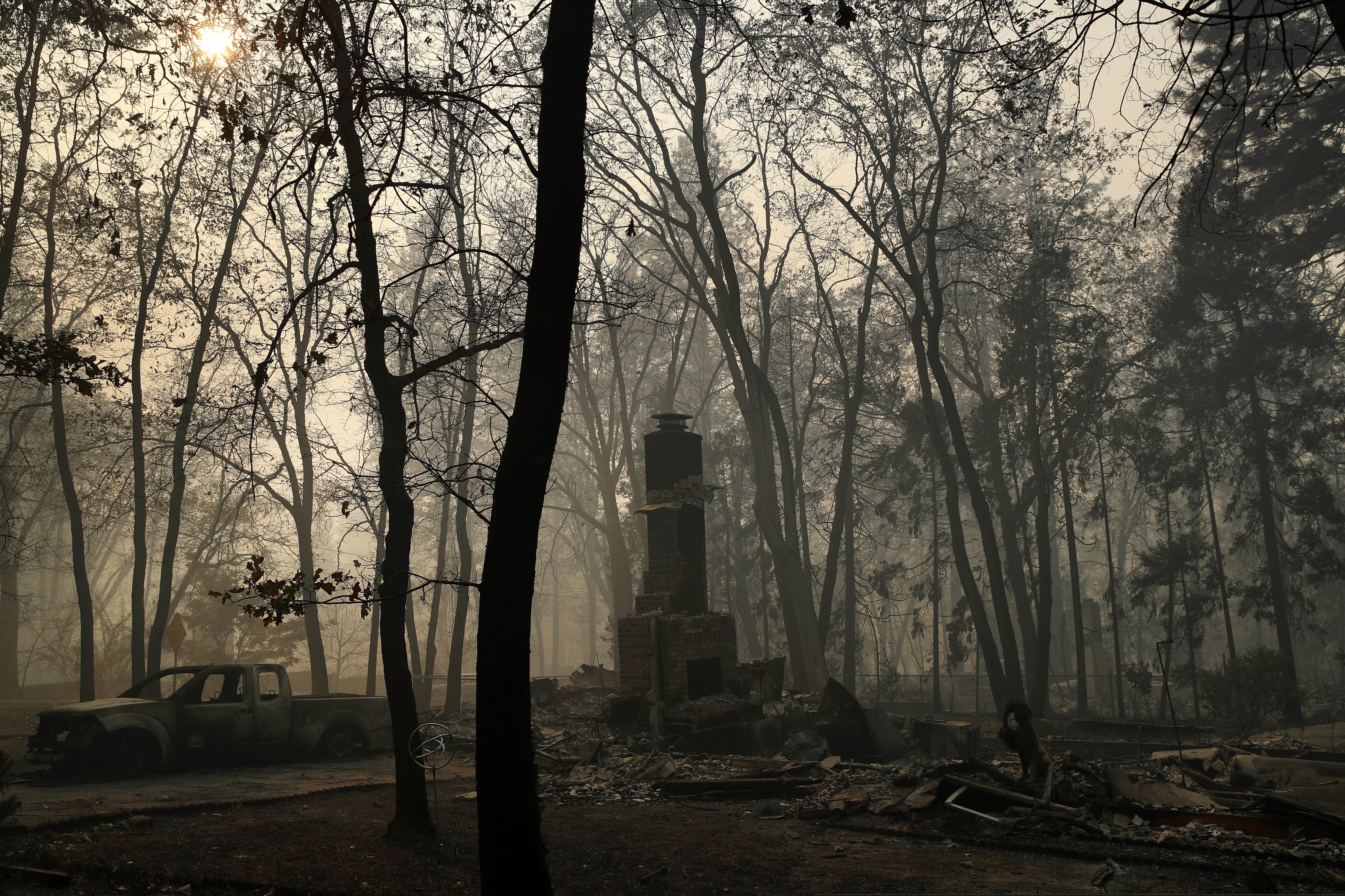 A chimney remains from a home burned in the Camp Fire, Saturday, Nov. 10, 2018, in Paradise, Calif. (AP Photo/John Locher)