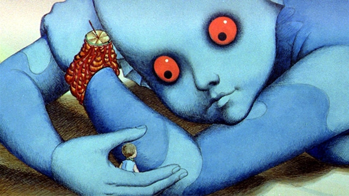 (courtesy photo) A Draag, a giant blue alien, keeps a human Om as a pet, in a scene from the surreal 1973 animated fantasy "Fantastic Planet."