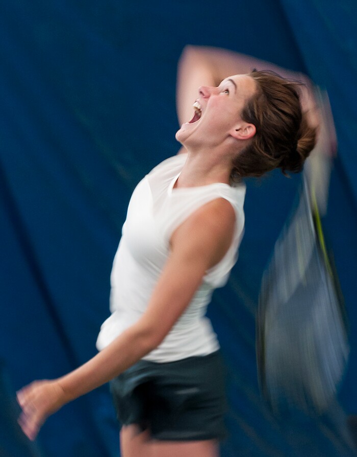 Michael Mangum  |  Special to the TribuneRowland Hall's Katie Foley winds up for a serve during the Utah high school state tennis finals at the Salt Lake Tennis & Health Club in Salt Lake City on Saturday, September 30, 2017. Foley defeated Waterford's Sophie Christensen for the 3A 1st singles state championship.