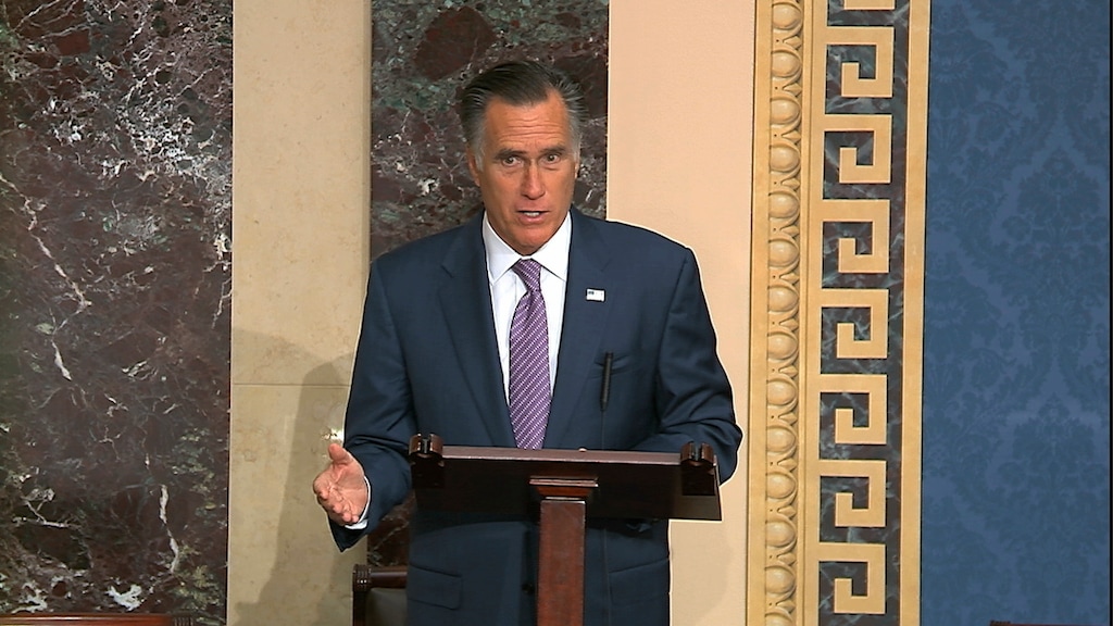 (Senate television via AP) In this image from a video, Sen. Mitt Romney, R-Utah., speaks on the Senate floor, Thursday, Oct. 17, 2019, in Washington.