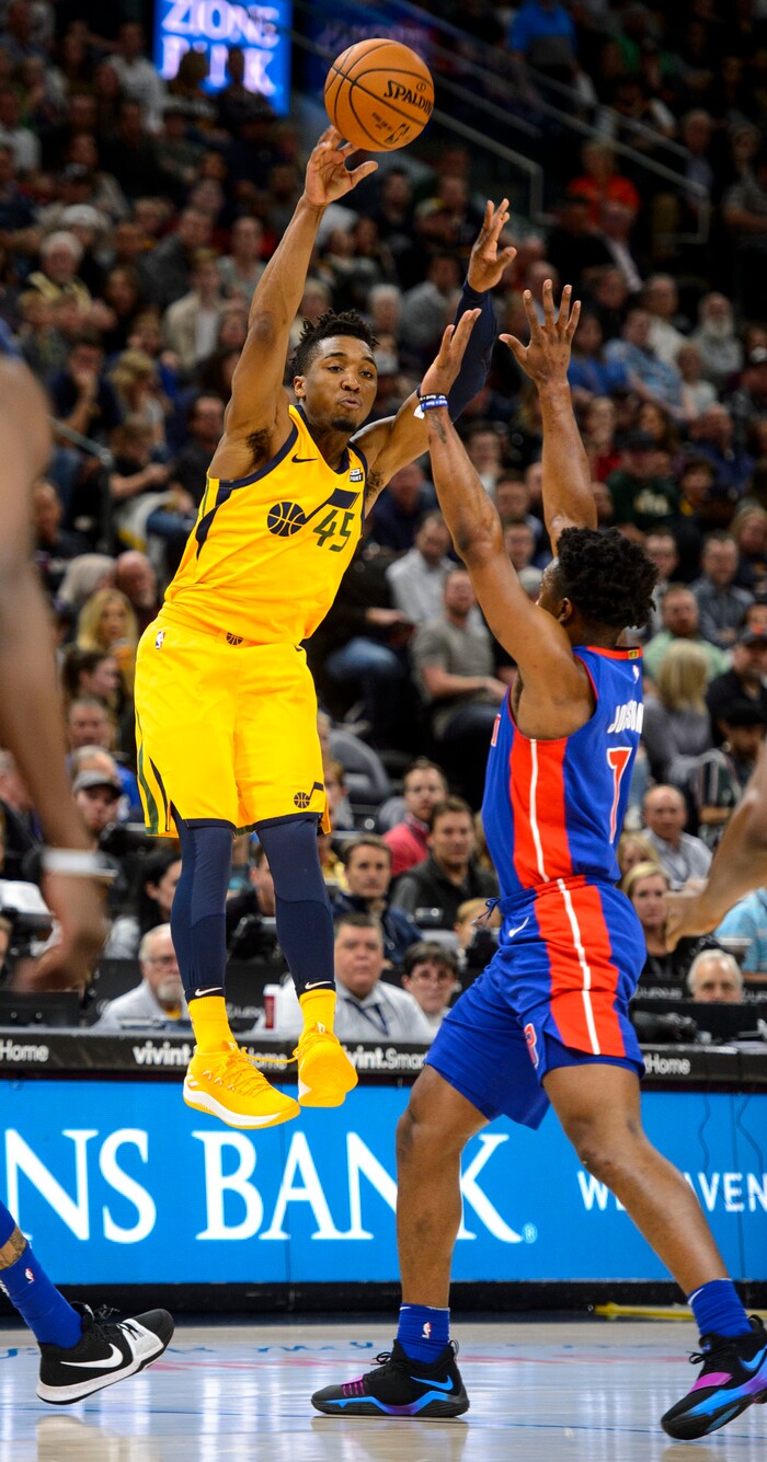 (Steve Griffin  |  The Salt Lake Tribune)  Utah Jazz guard Donovan Mitchell (45) fires a cross-court pass during the Utah Jazz versus Detroit Pistons at Vivint Smart Home Arena in Salt Lake City Tuesday March 13, 2018.