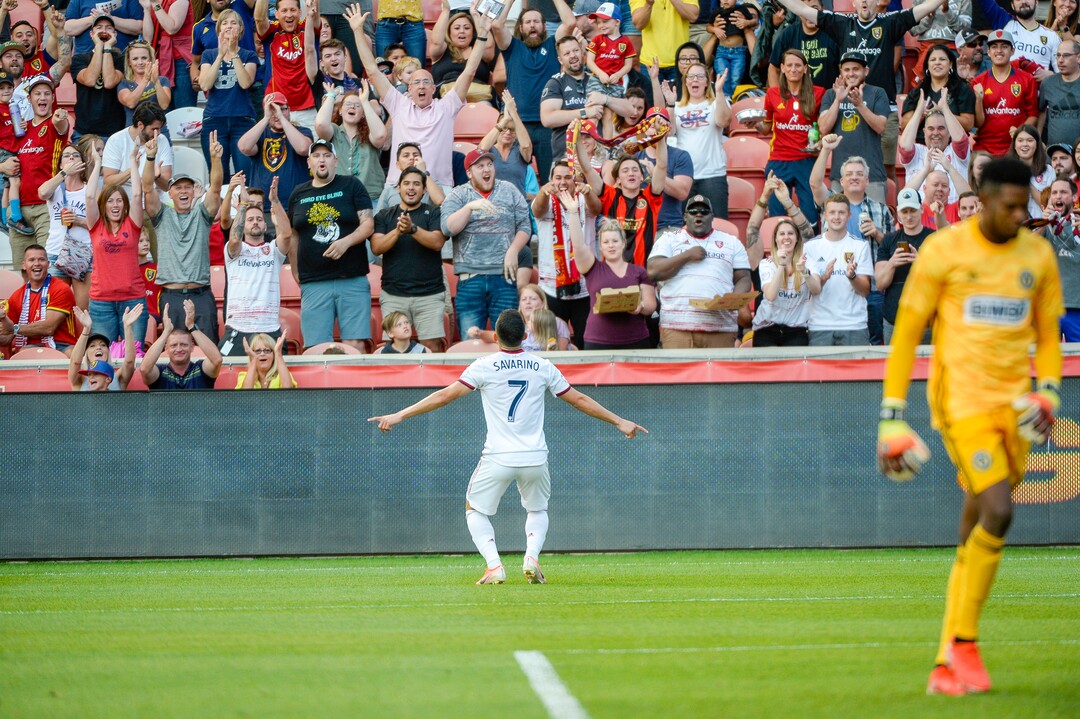 (Leah Hogsten  |  The Salt Lake Tribune) Real Salt Lake forward Jefferson Savarino (7) celebrates his first half goal with the fans. Real Salt Lake hosts Philadelphia Union in MLS Soccer at Rio Tinto Stadium in Sandy, Utah on Sat, July 13, 2019.