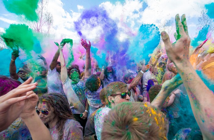 (Rick Egan  |  The Salt Lake Tribune)   Revelers toss colored powder into the air as they celebrate the arrival of spring, during the Holi Festival of Colors celebration at the Sri Sri Radha Krishna TempleSpanish Fork, Saturday, March 30, 2019.


