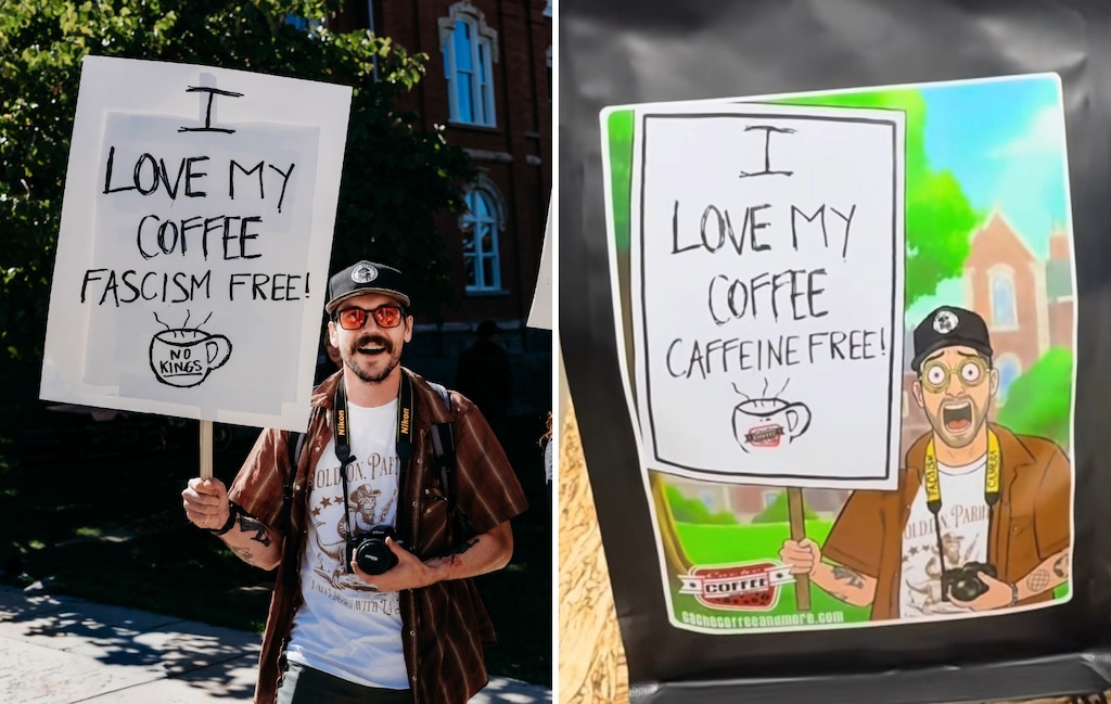 (U.S District Court for Utah) Logan coffee shop Cache Coffee and More is facing a lawsuit for allegedly using a "No Kings" photo in its marketing without the photographer's permission. The lawsuit, which included these images, alleges the company has used a cartoon version of the original photo on coffee bags and cups.