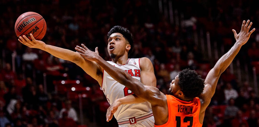 (Trent Nelson | The Salt Lake Tribune)  Utah Utes guard Sedrick Barefield (2) shoots with Oregon State Beavers guard Antoine Vernon (13) defending as Utah hosts Oregon State, NCAA basketball in Salt Lake City on Saturday Feb. 2, 2019.