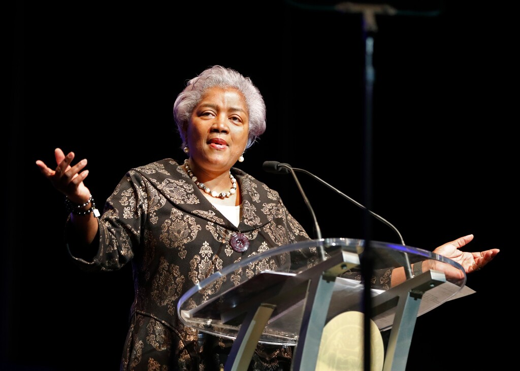 (AP Photo/Gerald Herbert, File) This May 7, 2018 file photo shows Donna Brazile speaking at the inauguration of New Orleans Mayor Latoya Cantrell in New Orleans. Brazile is set to speak in Salt Lake City on November 3