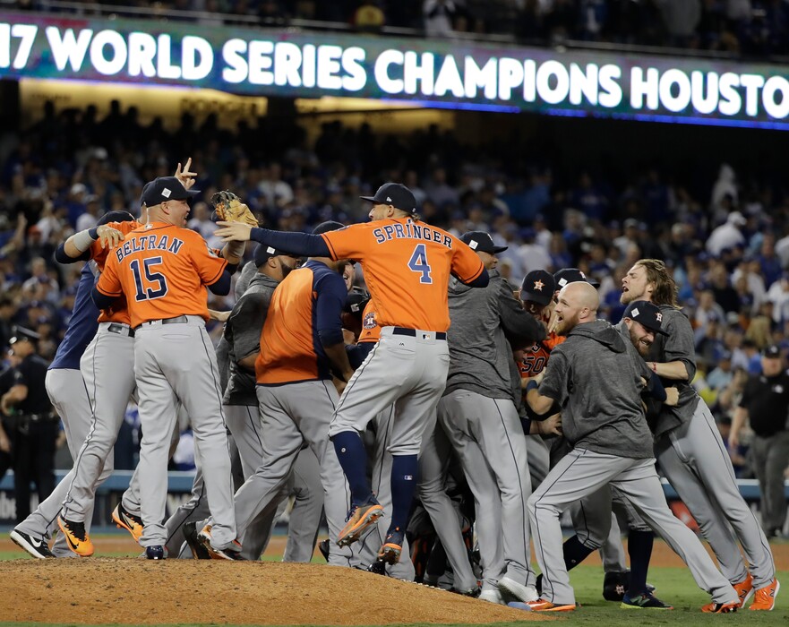 The Houston Astros celebrate after Game 7 of baseball's World Series against the Los Angeles Dodgers Wednesday, Nov. 1, 2017, in Los Angeles. The Astros won 5-1 to win the series 4-3. (AP Photo/David J. Phillip)