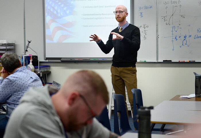 (Scott Sommerdorf | The Salt Lake Tribune) Derek Kitchen speaks at the veterans' caucus at the Salt Lake County Democratic Convention where delegates pick their favorites for county/legislative races, Saturday, April 14, 2018.