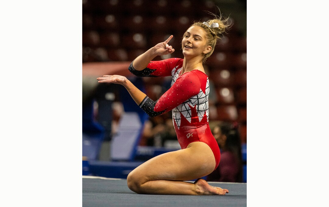 (Rick Egan | The Salt Lake Tribune) Lucy Stanhope competes on the floor for Utah in the PAC-12 Gymnastics Championship tournament at the Maverik Center, on Saturday, March 20, 2021.