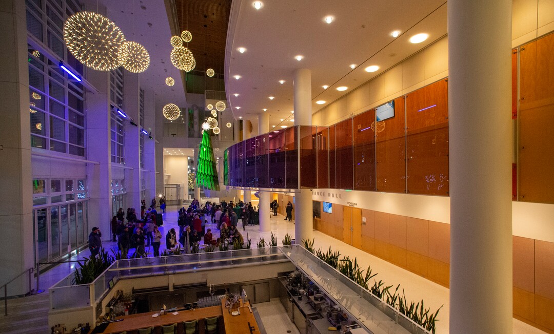(Rick Egan  |  The Salt Lake Tribune)     Eccles Theater unveils its annual Holiday Tree art installation, Monday, Dec. 2, 2019. The title is "Winter Wind," created by Rob Beishline & Shelley Beishline of Tooza Design. The work features 75 snowboards.