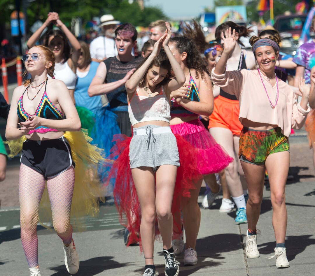 (Rick Egan  |  The Salt Lake Tribune)   Students from Rowland Hall dance as they participate in the Utah Pride Parade, in Salt Lake City, Sunday, June 3, 2018.
