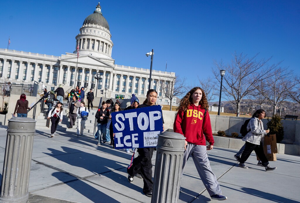 (Chris Samuels | The Salt Lake Tribune) Students from Bryant Middle School hold a walkout at the state Capitol in Salt Lake City, Friday, Jan. 30, 2026.