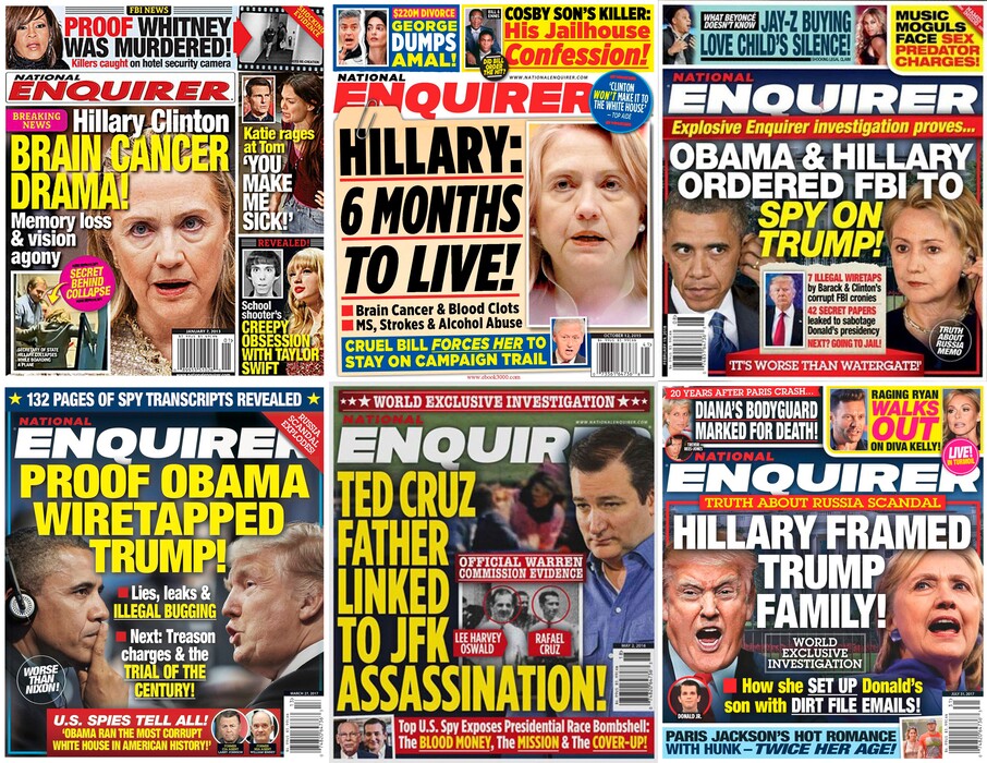 This combination photo shows various covers of the National Enquirer with headlines showing President Donald Trump's opponents in a negative light. Former Enquirer employees who spoke to AP said negative stories about Trump were dead on arrival dating back more than a decade as part of its cozy relationship with him. The tabloid endorsed Trump for president in 2016, the first time it had ever officially backed a candidate. (National Enquirer via AP)