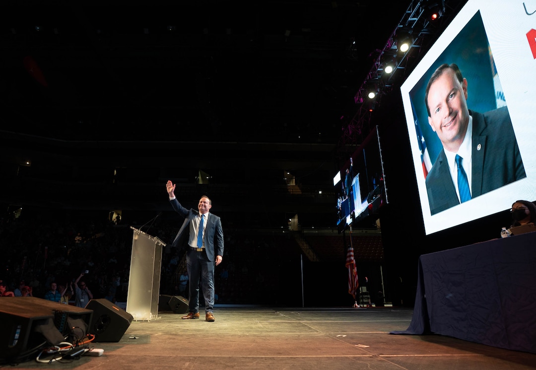 (Francisco Kjolseth | The Salt Lake Tribune) Sen. Mike Lee waves to the crowd after speaking to delegates attending the Utah Republican Party’s 2021 Organizing Convention at the Maverik Center in West Valley City on Saturday, May 1, 2021, as they return to an in-person format after the pandemic forced the nominating convention to go online last year.
