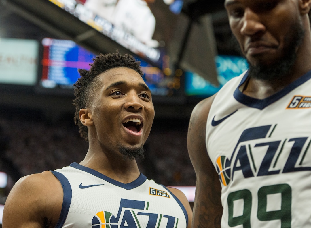 (Rick Egan  |  The Salt Lake Tribune)     Donovan Mitchell (45) reacts after pulling Utah Jazz forward Jae Crowder (99) out of a shoving match, in NBA action in game 4, NBA playoff action between Utah Jazz and Oklahoma City Thunder, in Salt Lake City, Monday April 23, 2018.