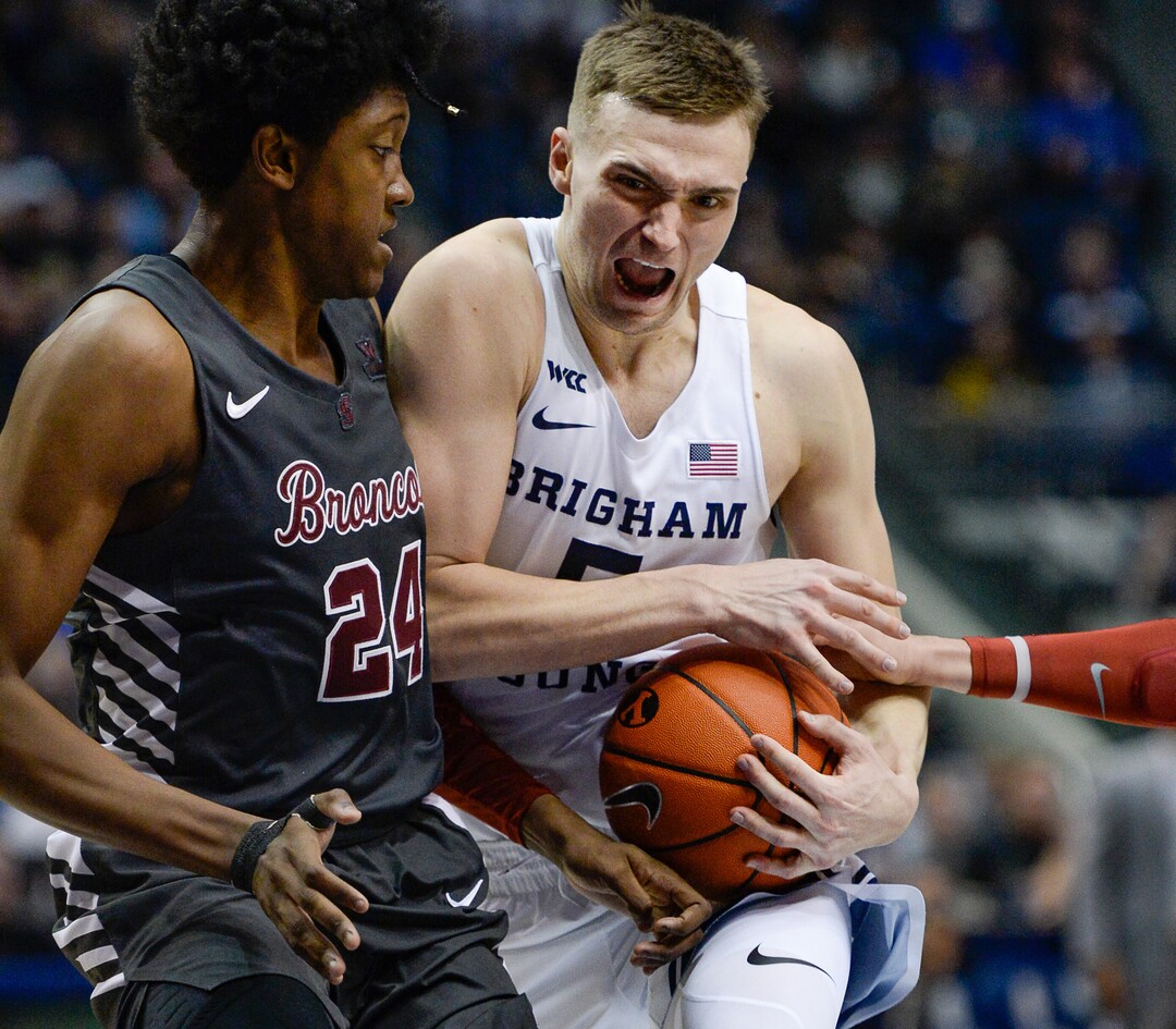 (Francisco Kjolseth  |  The Salt Lake Tribune) Santa Clara Broncos guard Jalen Williams (24) tries to slow down Brigham Young Cougars guard Jake Toolson (5) in the second half as the Brigham Young Cougars host the Santa Clara Broncos at the Marriott Center in Provo, Thursday, Feb. 20, 2020. BYU won 85-75.