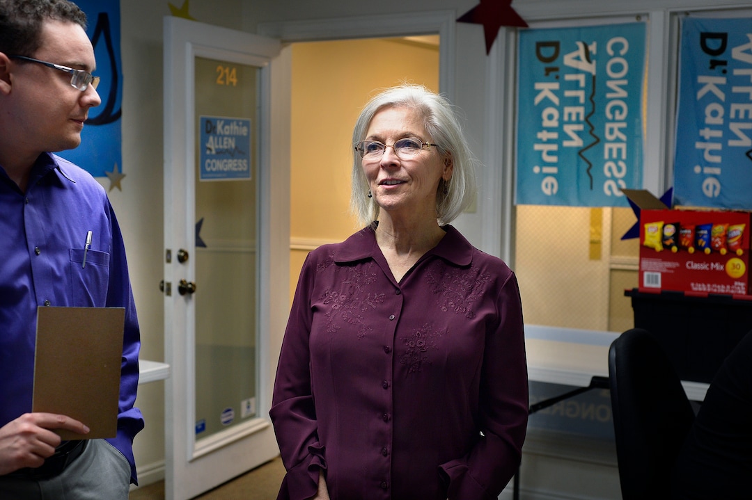 (Scott Sommerdorf   |  The Salt Lake Tribune)   Democrat Kathie Allen with campaign manager Daniel Friend, in her campaign offices, Thursday, September 14, 2017. Allen is running for former Utah Rep. Jason Chaffetz's seat.