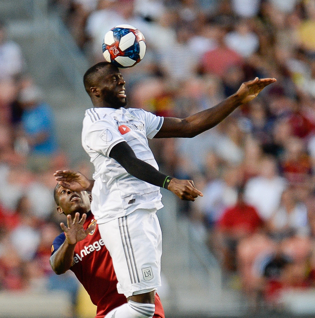 (Francisco Kjolseth  |  The Salt Lake Tribune)  Los Angeles FC forward Diego Rossi (9) gets the header over Real Salt Lake defender Nedum Onuoha (14) as Real Salt Lake hosts Los Angeles FC at Rio Tinto Stadium in Sandy on Saturday, Aug. 17, 2019.