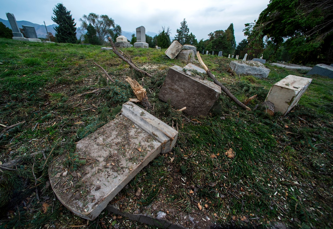 (Rick Egan  |  The Salt Lake Tribune)    Hundreds of headstones in the Salt Lake City Cemetery were damages in the recent wind storm, Friday, Sept. 18, 2020.
