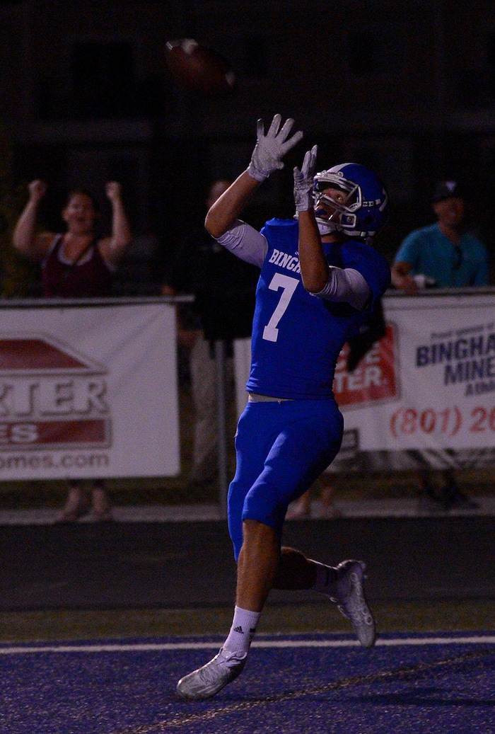 Leah Hogsten | The Salt Lake Tribune
Bingham's Brayden Cosper catches a touchdown throw in the second half. Bishop Gorman defeated Bingham 38-20. Nationally No. 7-ranked Bingham High School hosted No. 1-ranked Bishop Gorman High School from Nevada, September 4, 2015.