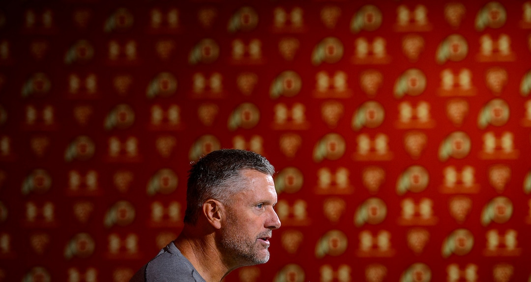 (Steve Griffin  |  The Salt Lake Tribune)  University of Utah football coach Kyle Whittingham makes a few statements during the Utes'  weekly press conference at the football facility press conference room in Salt Lake City Monday August 28, 2017.