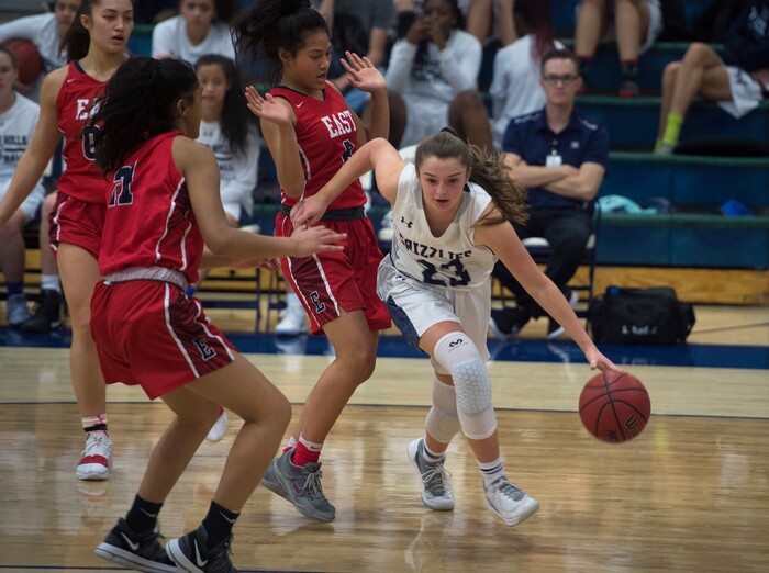 (Scott Sommerdorf | The Salt Lake Tribune)
Copper Hills' Breaunna Gillen drives to the paint during second half play. Copper Hills defeated East 82-62, Friday, December 29, 2017.