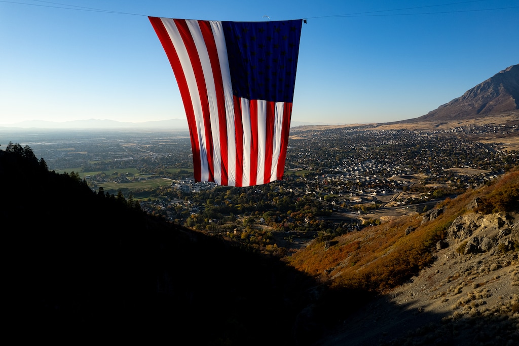 (Trent Nelson | The Salt Lake Tribune) The giant flag known as "The Major," honoring the legacy of Maj. Brent Taylor, flies above North Ogden on Friday, Nov. 8, 2024.