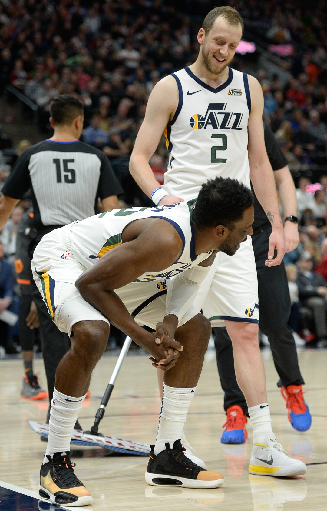 (Francisco Kjolseth  |  The Salt Lake Tribune) Utah Jazz forward Jeff Green (22) takes a moment after taking a shot to the privates as the Utah Jazz host the Orlando Magic in their NBA basketball game at Vivint Smart Home Arena in Salt Lake City on Tuesday. Dec. 17, 2019.